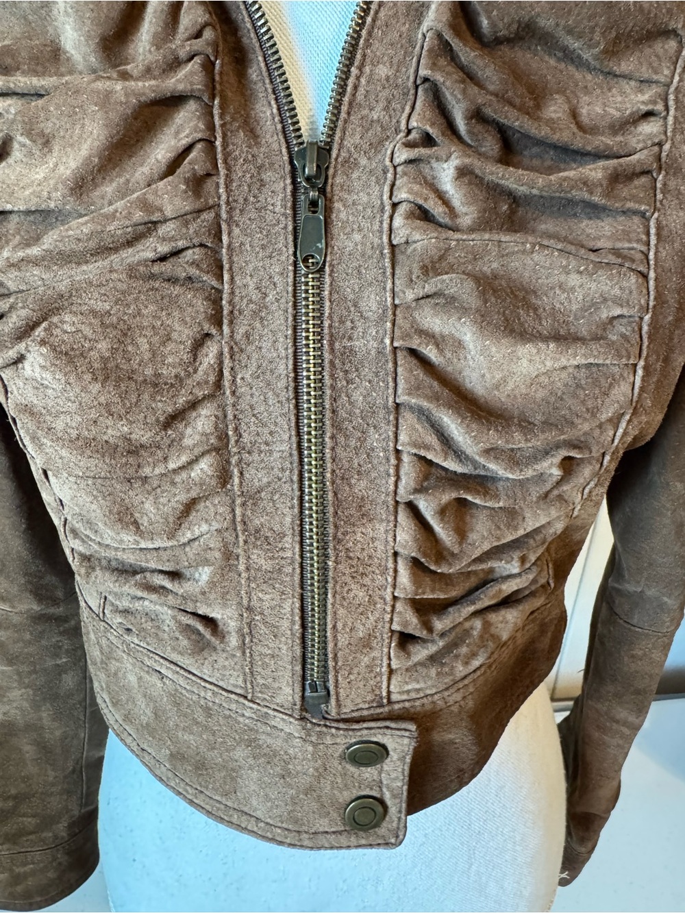 Women's Brown Ruffled Zip-Front Leather Jacket - Picture 3 of 9